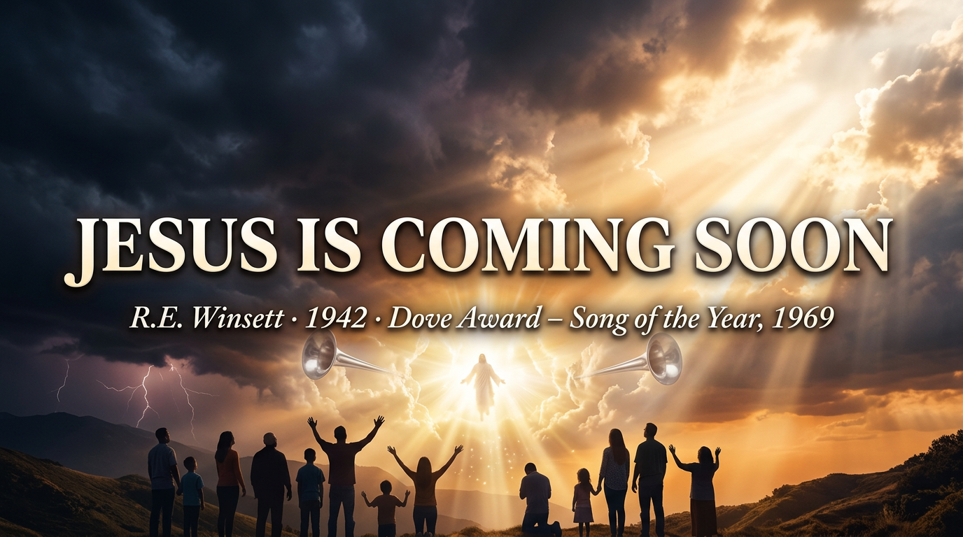Jesus Is Coming Soon – cinematic worship hero image with trumpets and heavenly light