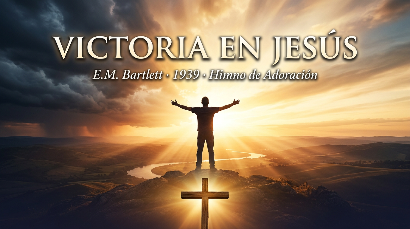 Victoria en Jesús – imagen cinematográfica de portada con luz celestial y cruz triunfante