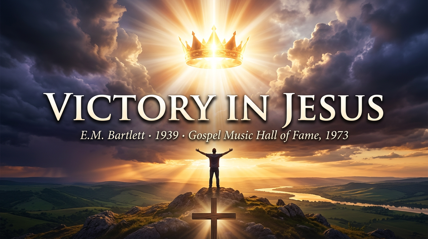 Victory in Jesus – cinematic worship hero image with heavenly light and triumphant cross