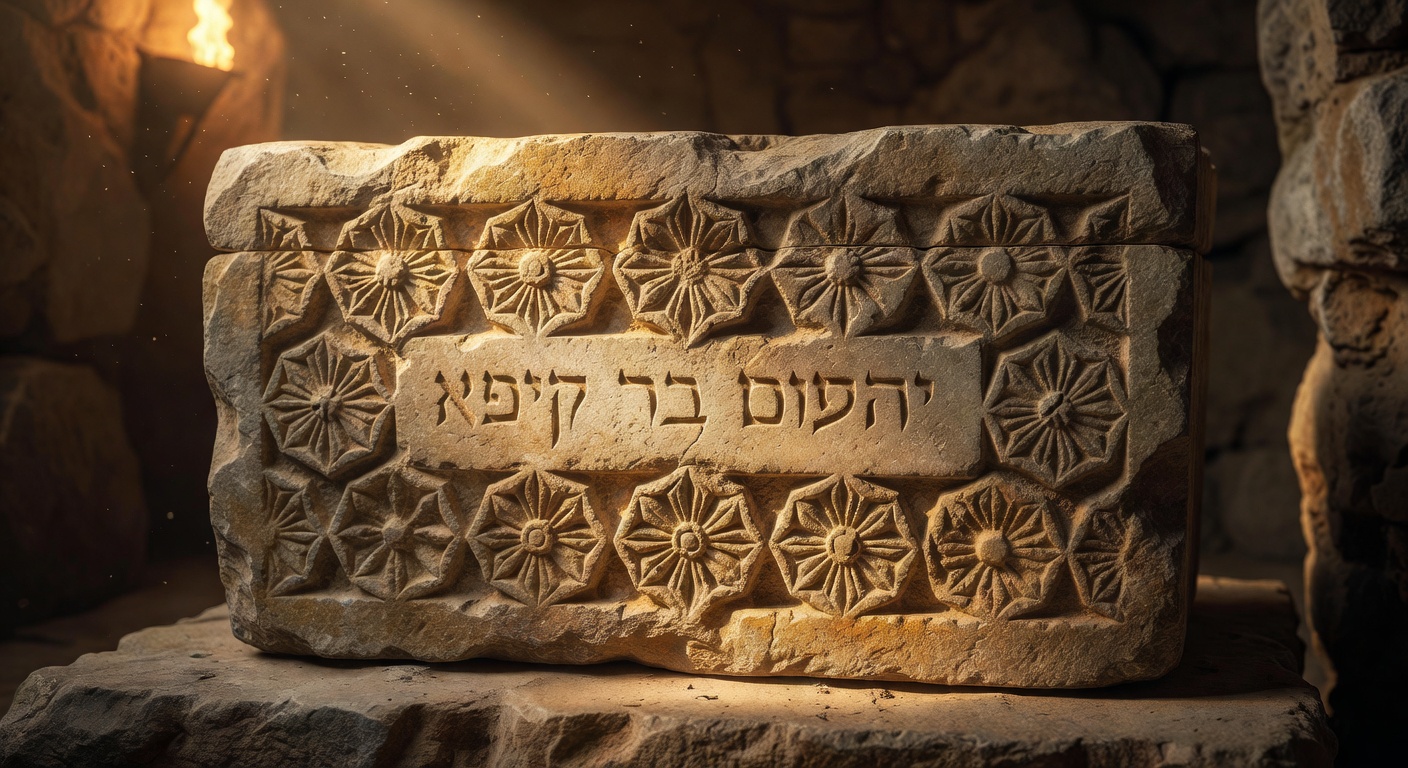 Dramatic close-up cinematic rendering of the ornate 1st-century limestone Caiaphas ossuary bone box showing intricate carved rosettes and the clear Aramaic inscription Yehosef bar Qayafa meaning Joseph son of Caiaphas
