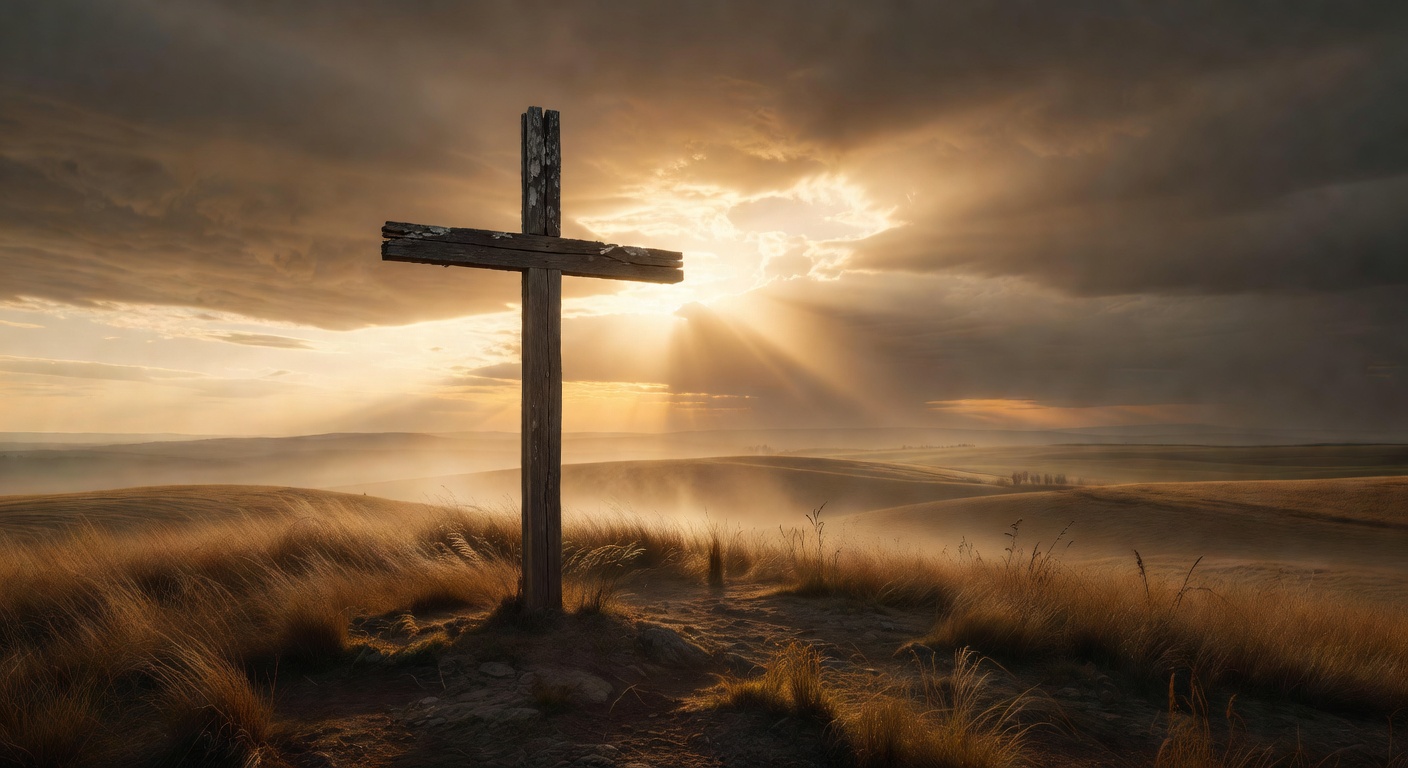 Cinematic reverent view of an old rugged wooden cross standing alone on a windswept hill at golden hour sunset, symbolizing the suffering and redemptive hope of Christ
