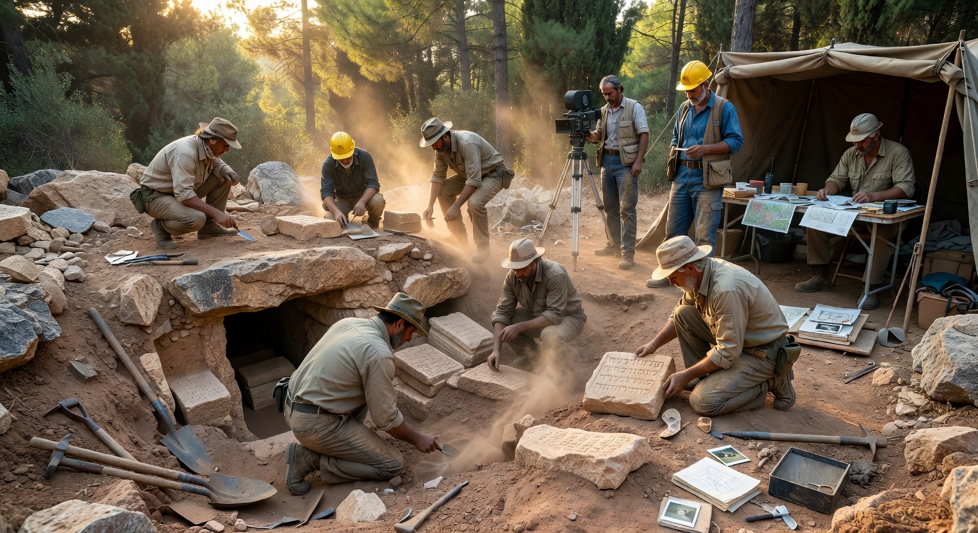Cinematic historical scene of the 1990 archaeological discovery in Peace Forest south Jerusalem: construction workers and Israeli archaeologists carefully excavating the rock-hewn family tomb that revealed the Caiaphas ossuary