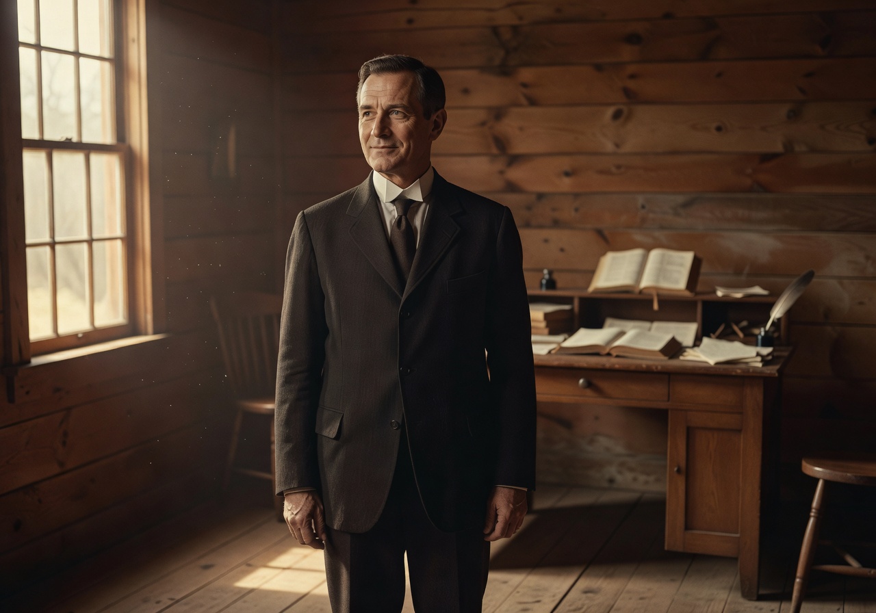 Reverent historical-style cinematic portrait of George Bennard, the American evangelist and hymn writer who penned The Old Rugged Cross in 1913