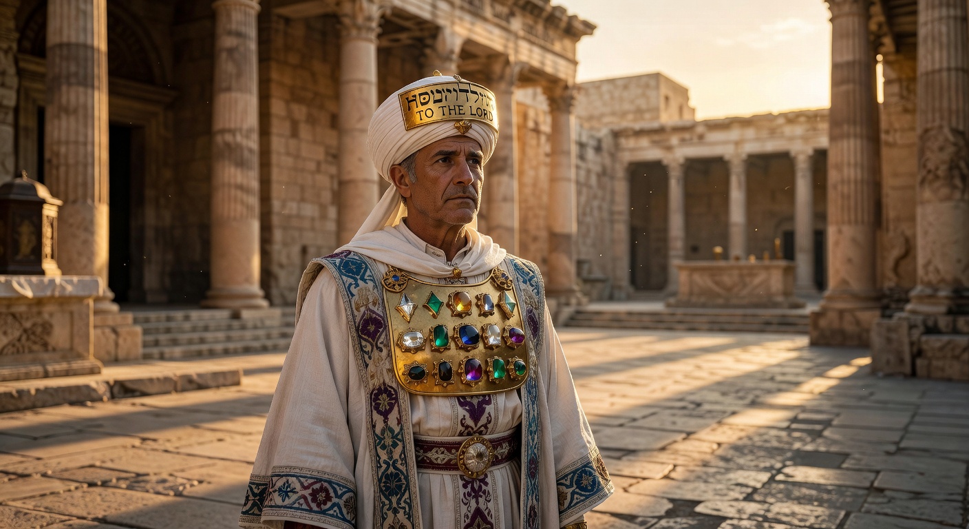 Reverent cinematic portrait of Caiaphas the High Priest (Joseph Caiaphas), a dignified 1st-century Jewish high priest in ornate robes with breastplate, standing in the ancient Temple courts of Jerusalem at golden hour