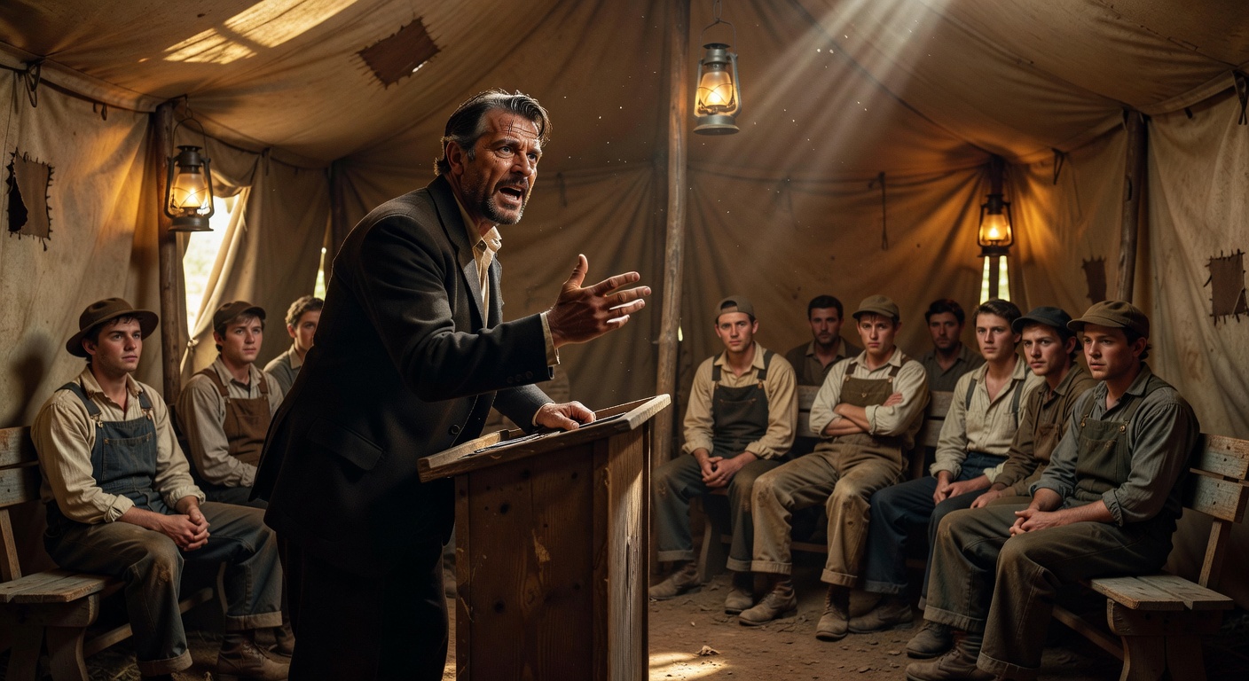 Cinematic dramatic scene of an early 20th century evangelist facing opposition while preaching in a rural revival tent, reflecting George Bennard’s experience that birthed the hymn