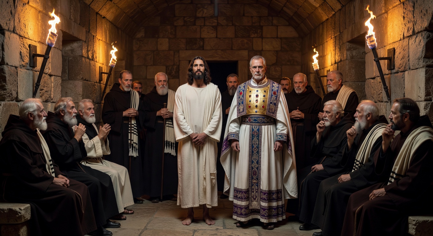 Solemn reverent cinematic depiction of Jesus Christ standing calmly before the High Priest Caiaphas and the Sanhedrin in a torch-lit 1st-century Jerusalem chamber during the night trial from the Gospels