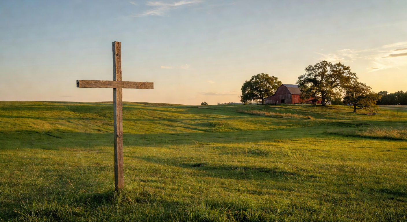 Serene cinematic landscape of a simple wooden rugged cross standing in a rolling pasture near Carthage Missouri in Jasper County, Southwest Missouri