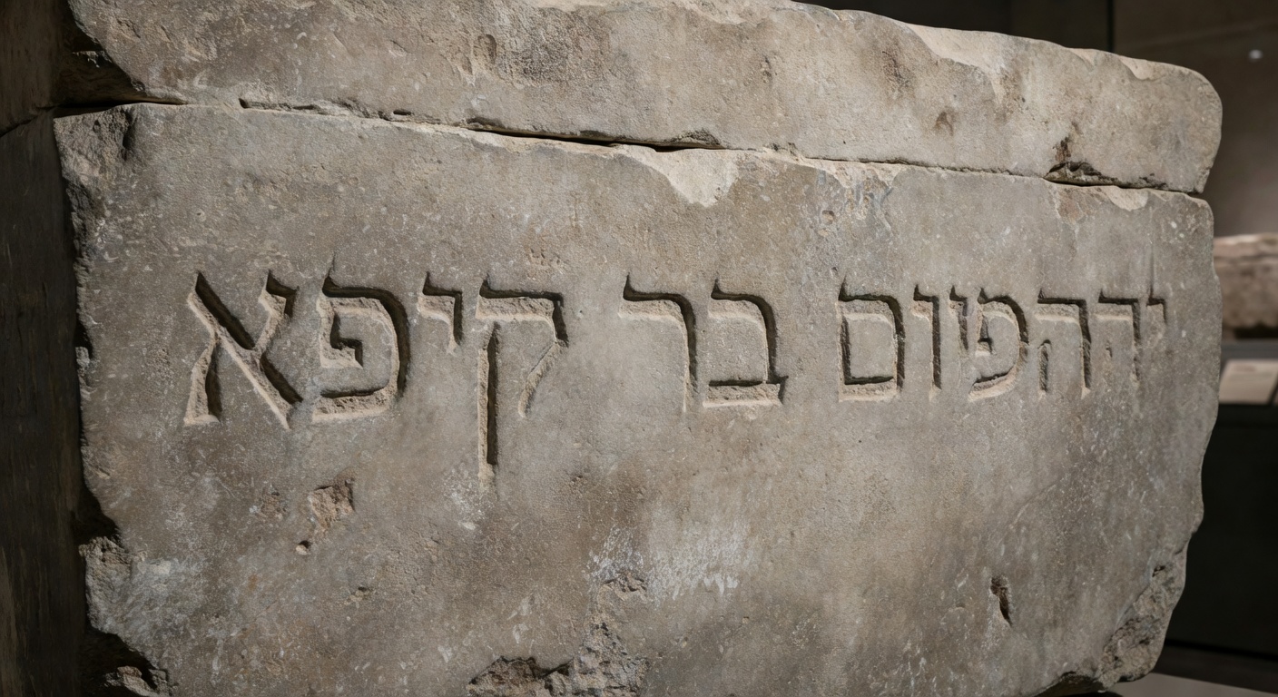 Scholarly detailed close-up of the Caiaphas ossuary inscription in Aramaic script on the limestone bone box, highlighting the weathered letters spelling Yehosef bar Qayafa, ancient artifact authenticity