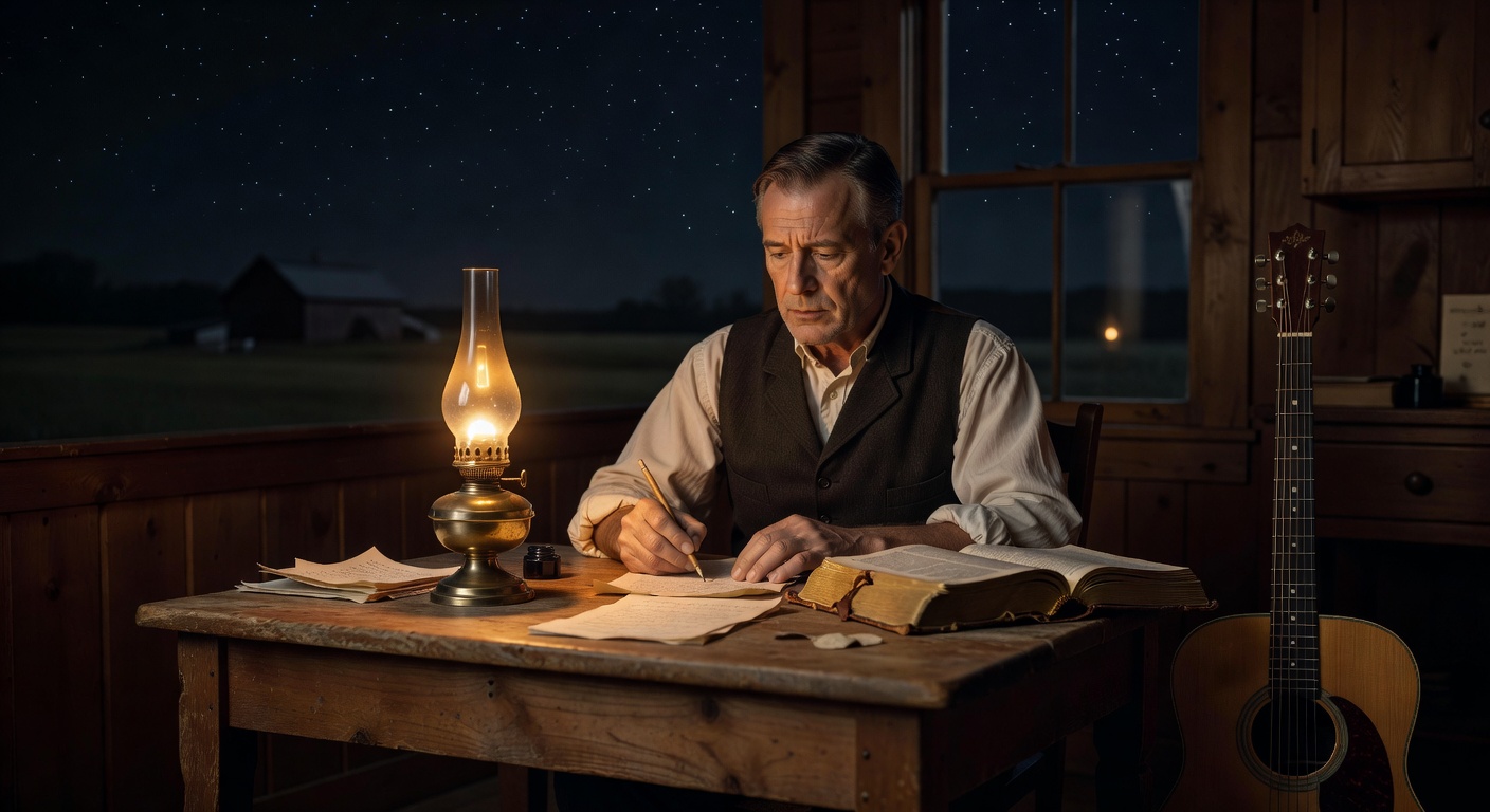 Intimate cinematic scene of George Bennard composing the lyrics and melody of The Old Rugged Cross by oil lamp light in Albion Michigan, 1913