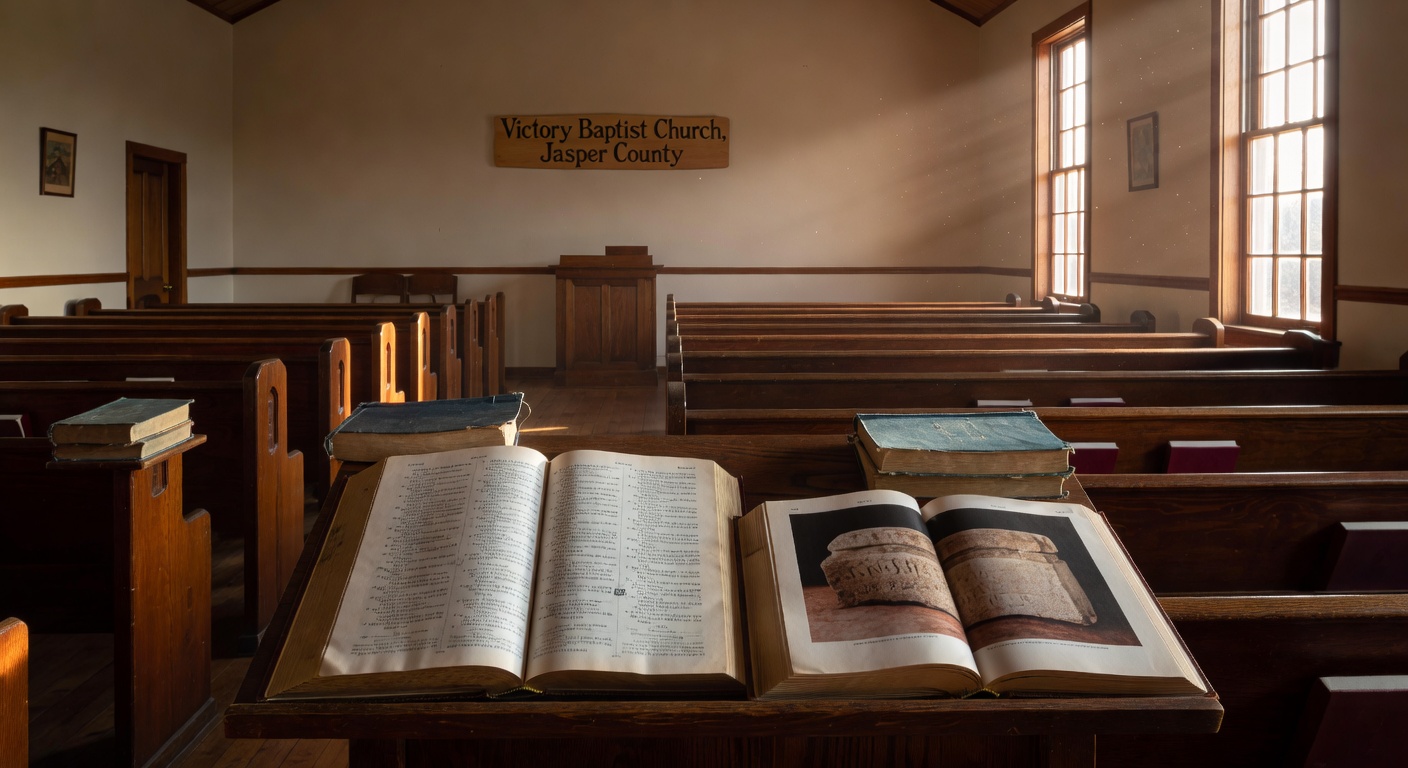 Peaceful early morning light inside a traditional Baptist church sanctuary in rural Carthage Missouri with open Bible displaying the Gospel accounts of Jesus before Caiaphas, beside a scholarly volume showing the Caiaphas ossuary, warm reverent atmosphere