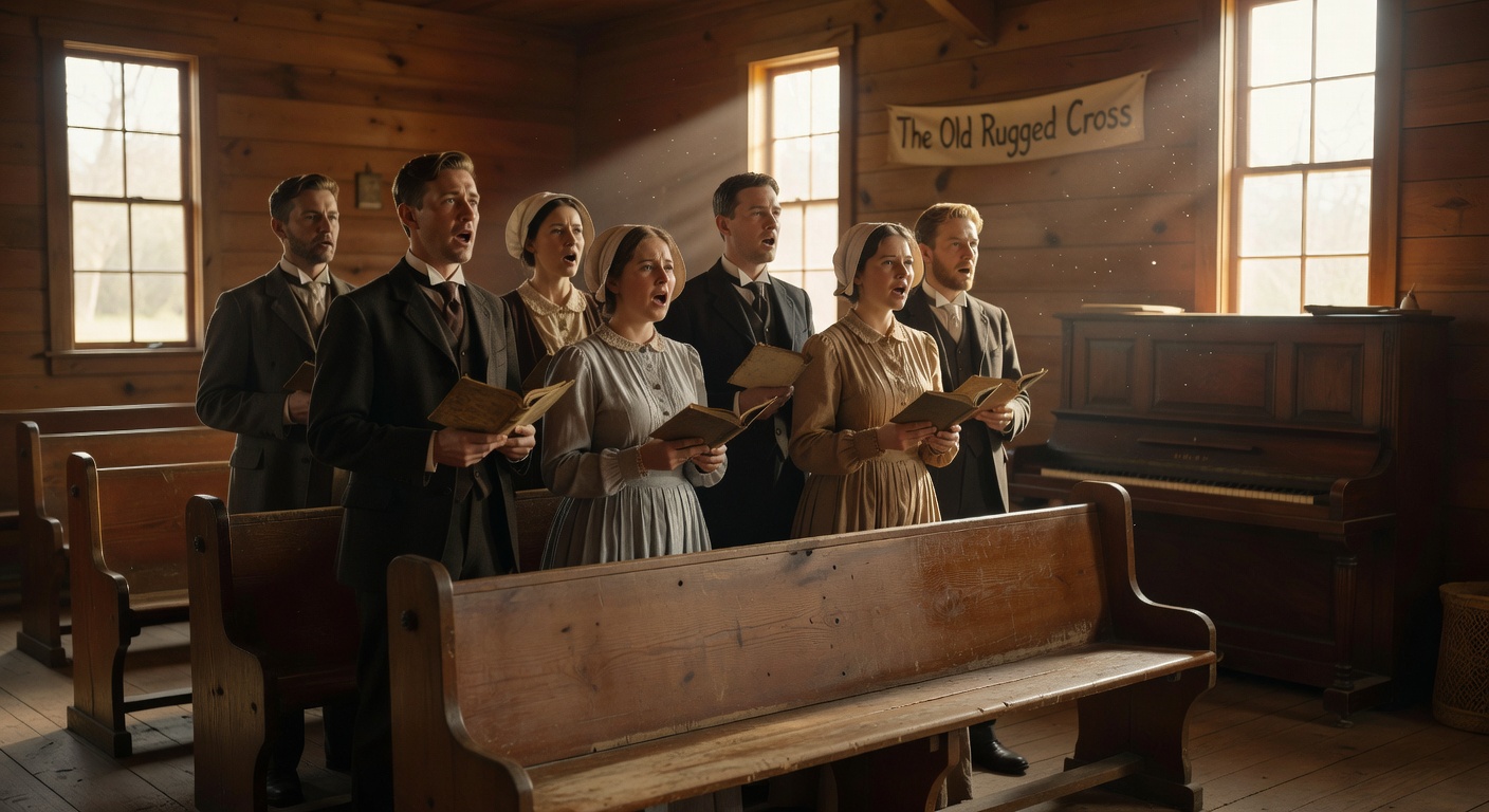 Warm reverent cinematic image of a small choir singing The Old Rugged Cross for the first time in a simple rural Michigan church in 1913
