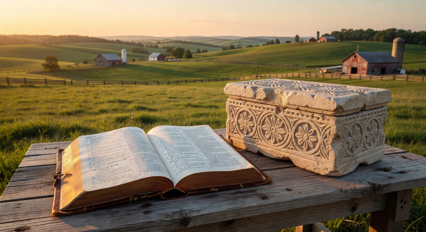 Symbolic cinematic composition of an open Bible showing New Testament passages about Caiaphas and the trial of Jesus, next to a replica of the Caiaphas ossuary, set against the rolling hills and sunrise near Carthage in Jasper County Missouri