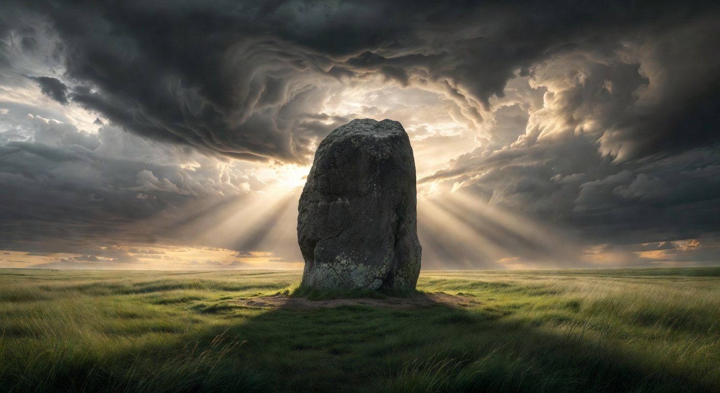 Large memorial stone in a field with dramatic light, representing the Ebenezer raised in the hymn Come Thou Fount