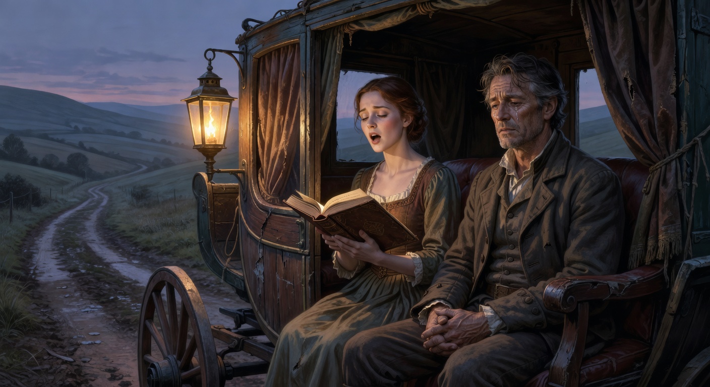 18th century stagecoach scene with a woman singing the hymn and Robert Robinson listening emotionally