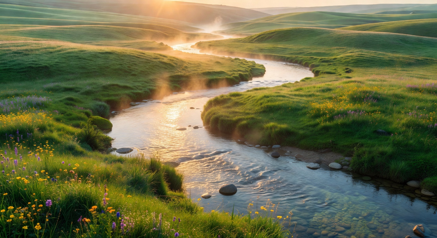 Crystal clear river winding through hills at sunrise, symbolizing the never-ceasing streams of mercy in Come Thou Fount
