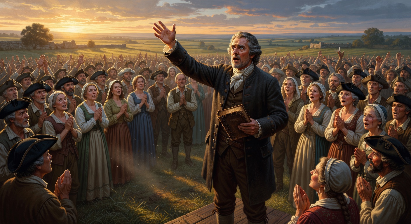 George Whitefield preaching to a crowd in 18th century England, the evangelist whose sermon led to Robert Robinson's conversion