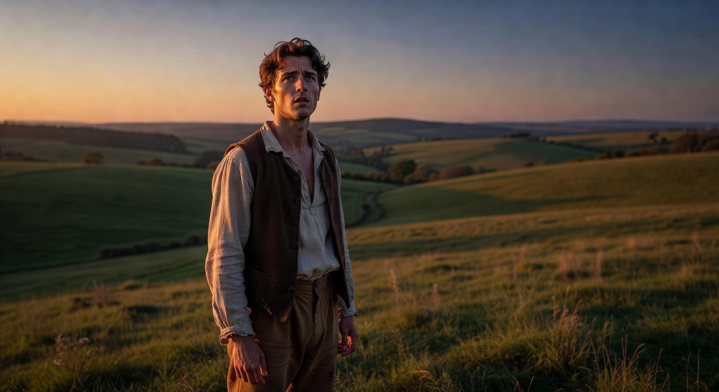 Reflective portrait of young Robert Robinson in 18th century English countryside before his dramatic conversion