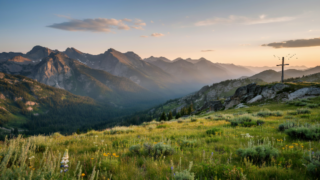 Christian Cross Wildflower Hillside Sunset Wallpaper 2 - Free Christian Wallpaper