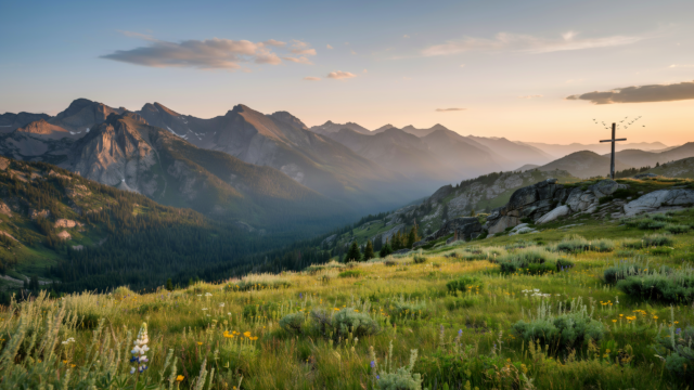 Christian Cross Wildflower Hillside Sunset - Free Christian Wallpaper